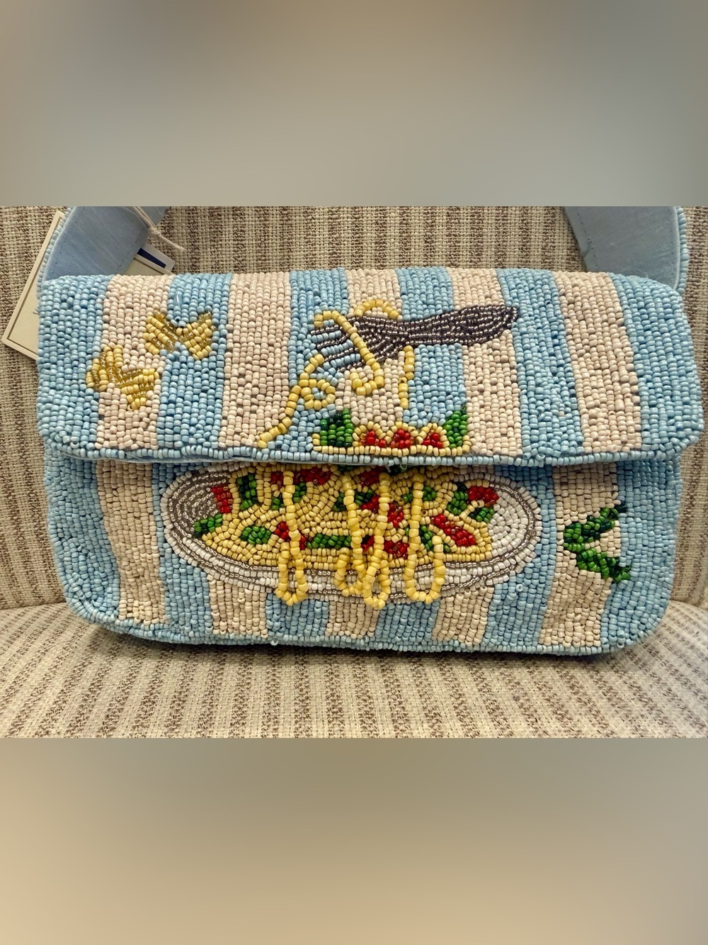 New Release Sol & Mer Beaded Bag  Pasta Bowl & Fork in Light Blue and Cream